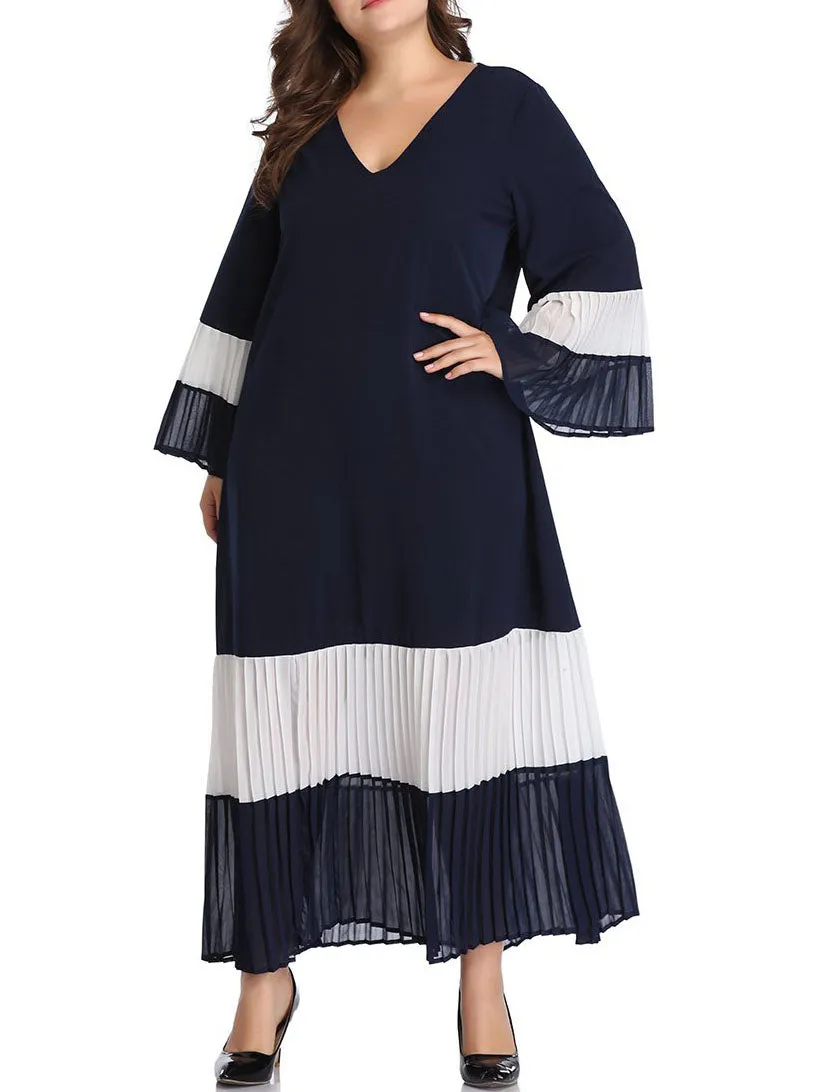 Large Size Women's Stitching Contrast Color Matching Dress Pleated Skirt Pleated Stitching