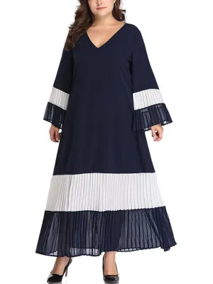 Large Size Women's Stitching Contrast Color Matching Dress Pleated Skirt Pleated Stitching