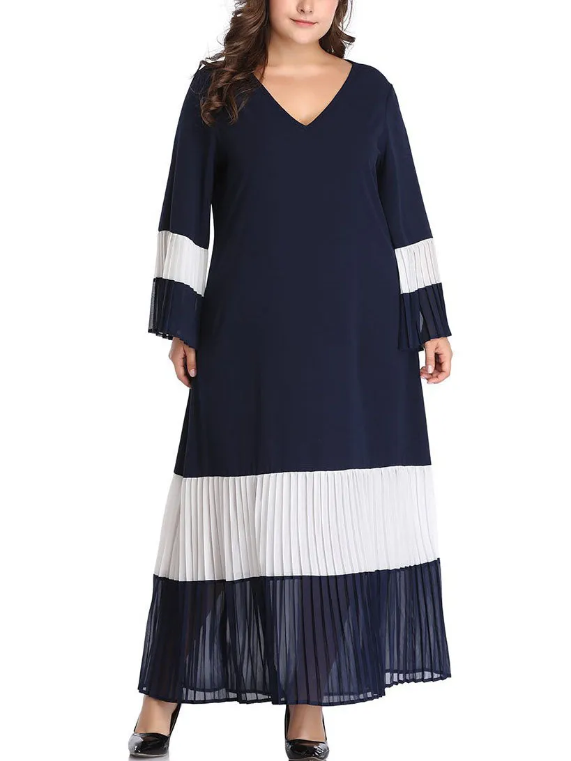Large Size Women's Stitching Contrast Color Matching Dress Pleated Skirt Pleated Stitching
