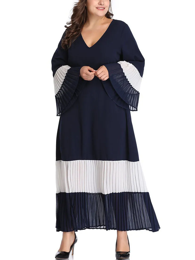 Large Size Women's Stitching Contrast Color Matching Dress Pleated Skirt Pleated Stitching