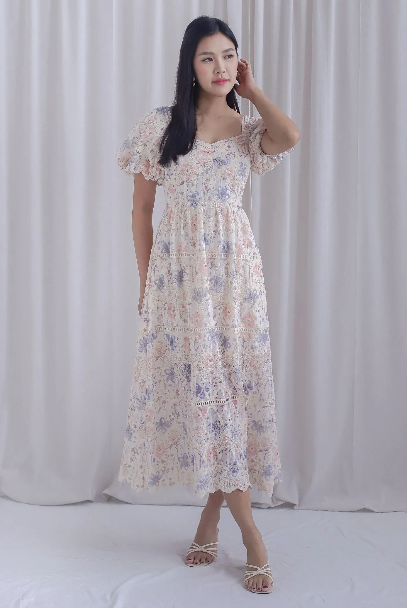 Lavine Floral Lattice Eyelet Puffy Sleeve Maxi Dress