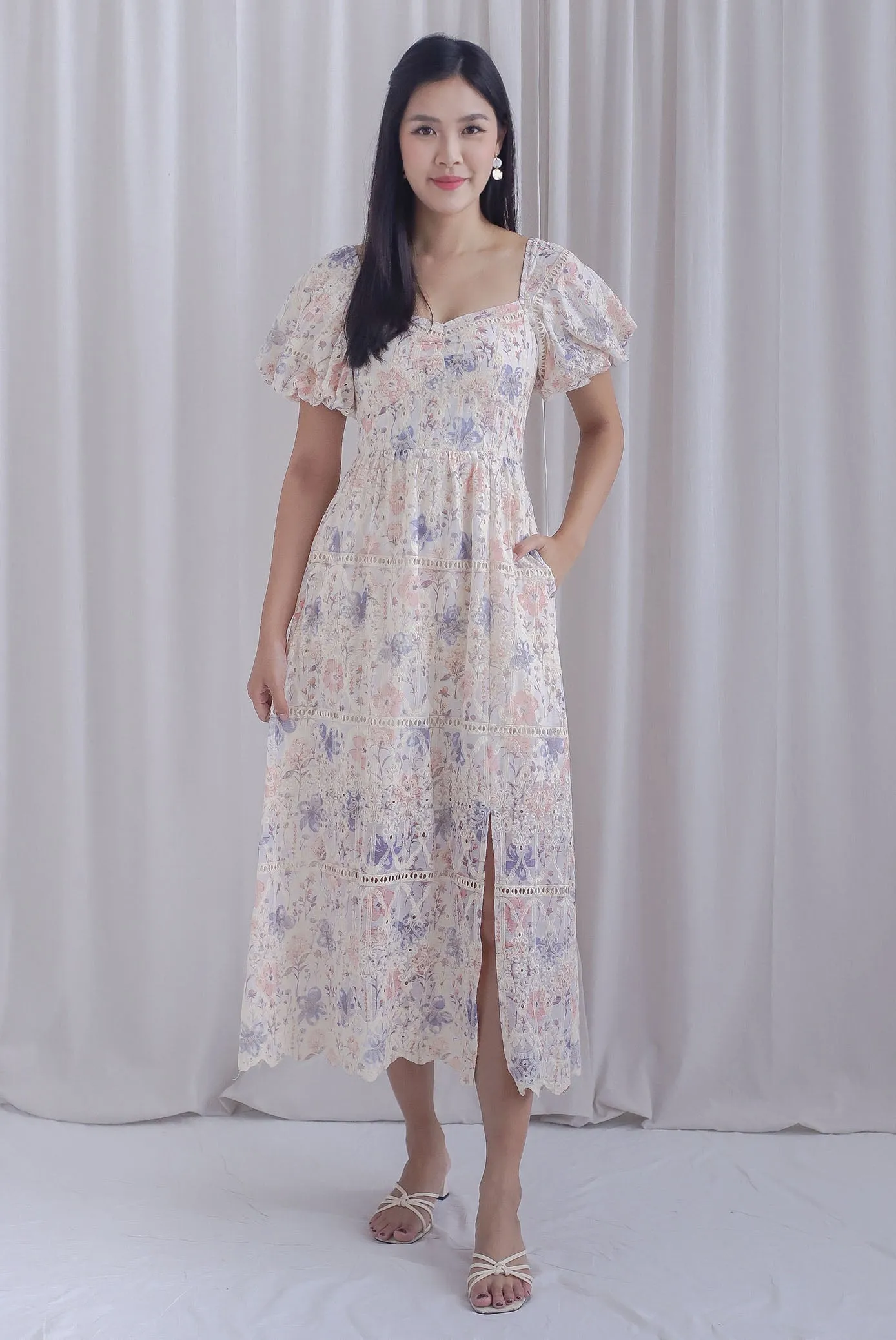 Lavine Floral Lattice Eyelet Puffy Sleeve Maxi Dress