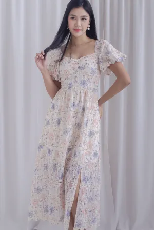 Lavine Floral Lattice Eyelet Puffy Sleeve Maxi Dress