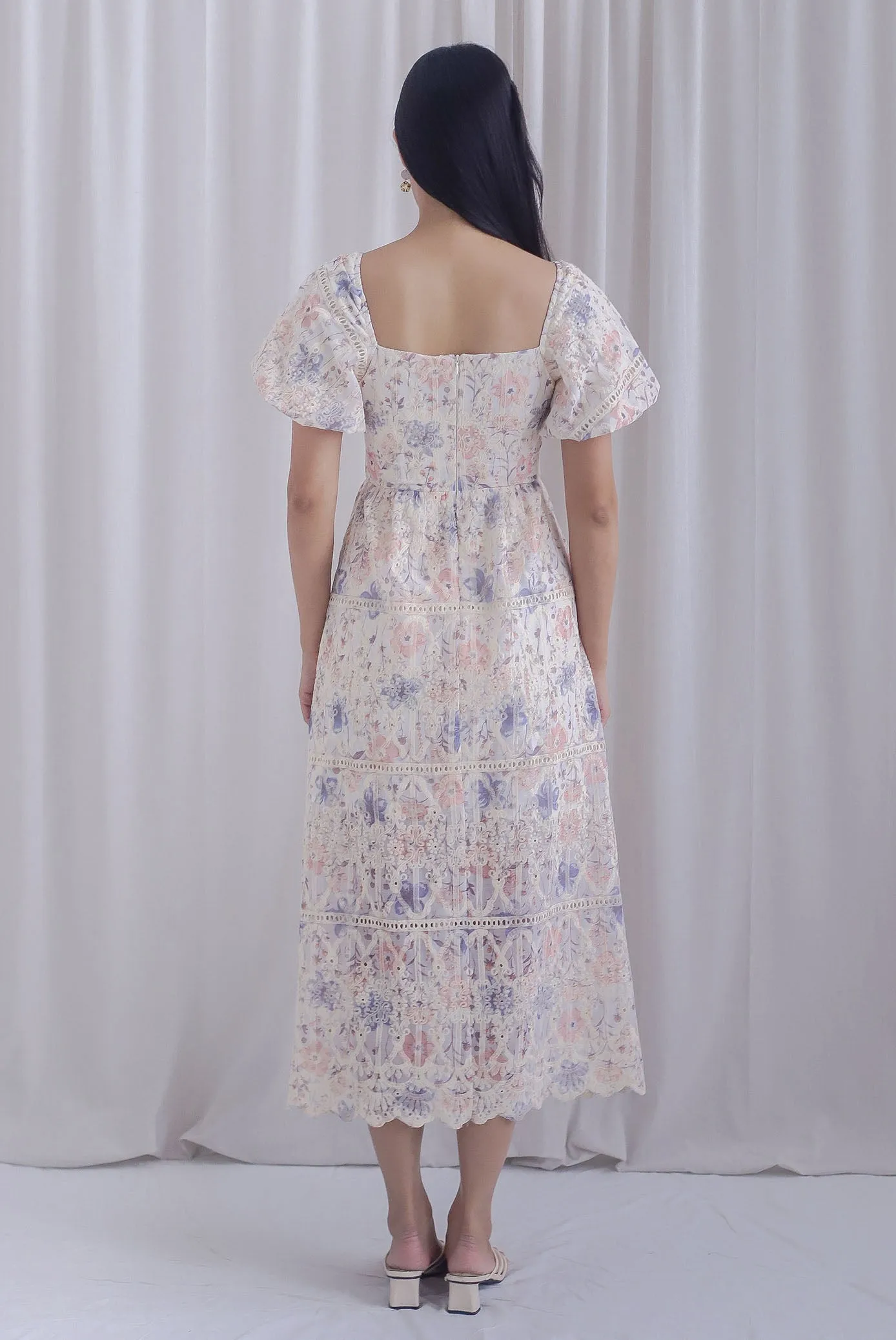 Lavine Floral Lattice Eyelet Puffy Sleeve Maxi Dress