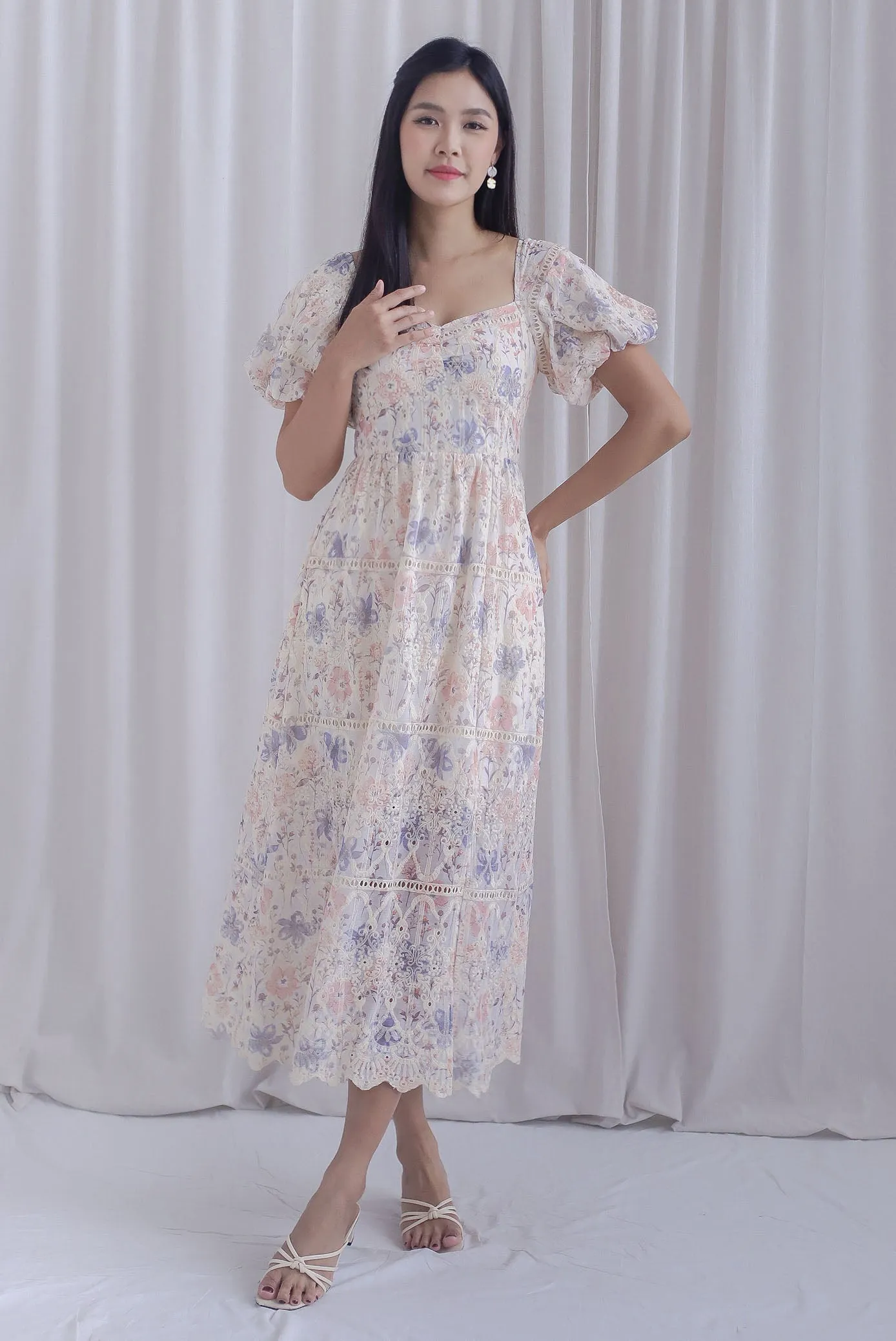 Lavine Floral Lattice Eyelet Puffy Sleeve Maxi Dress