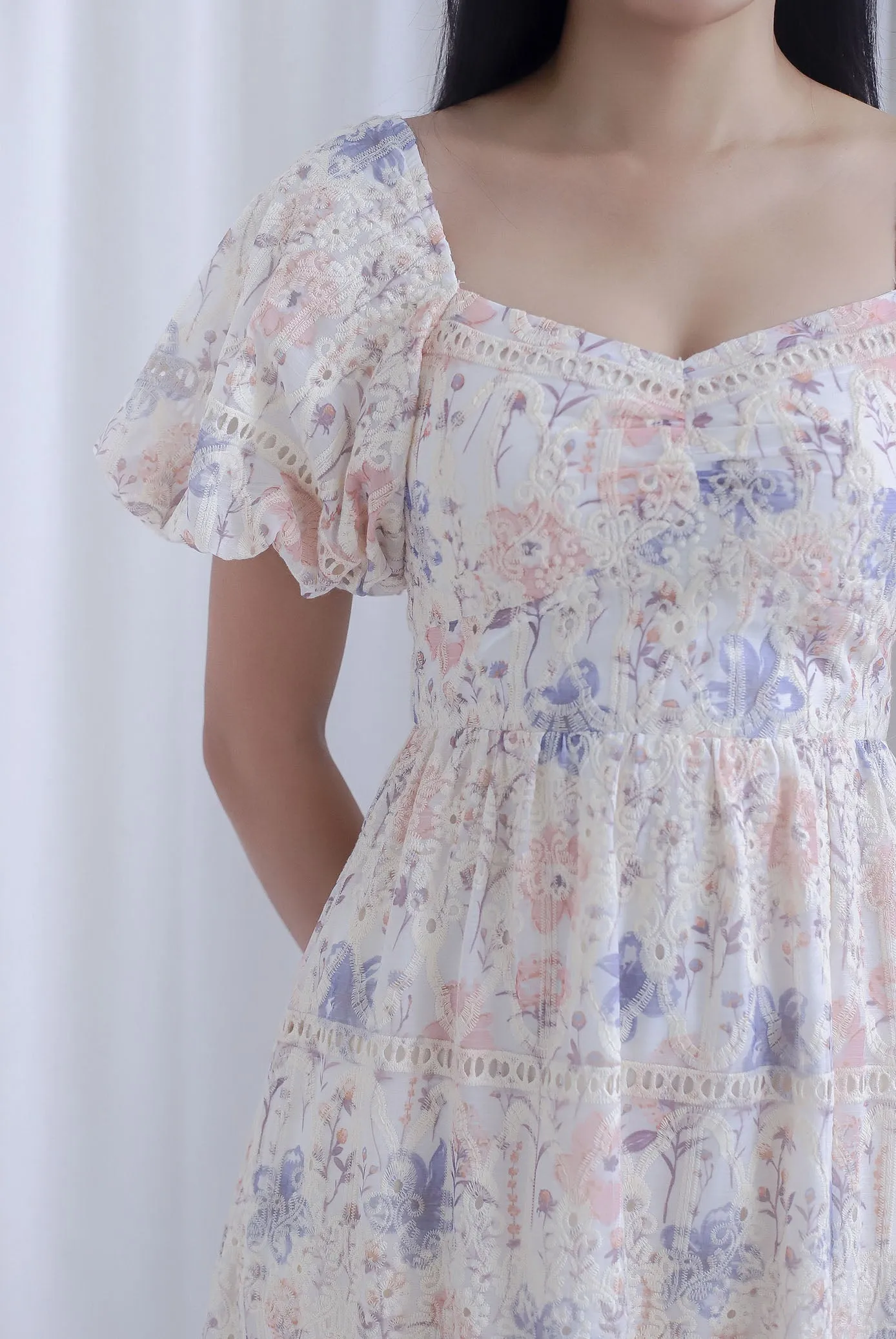Lavine Floral Lattice Eyelet Puffy Sleeve Maxi Dress