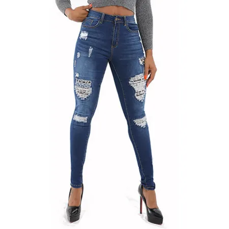 Leopard Print Destroyed Jeans Skinny Pencil Pants Elasticity Long Pant