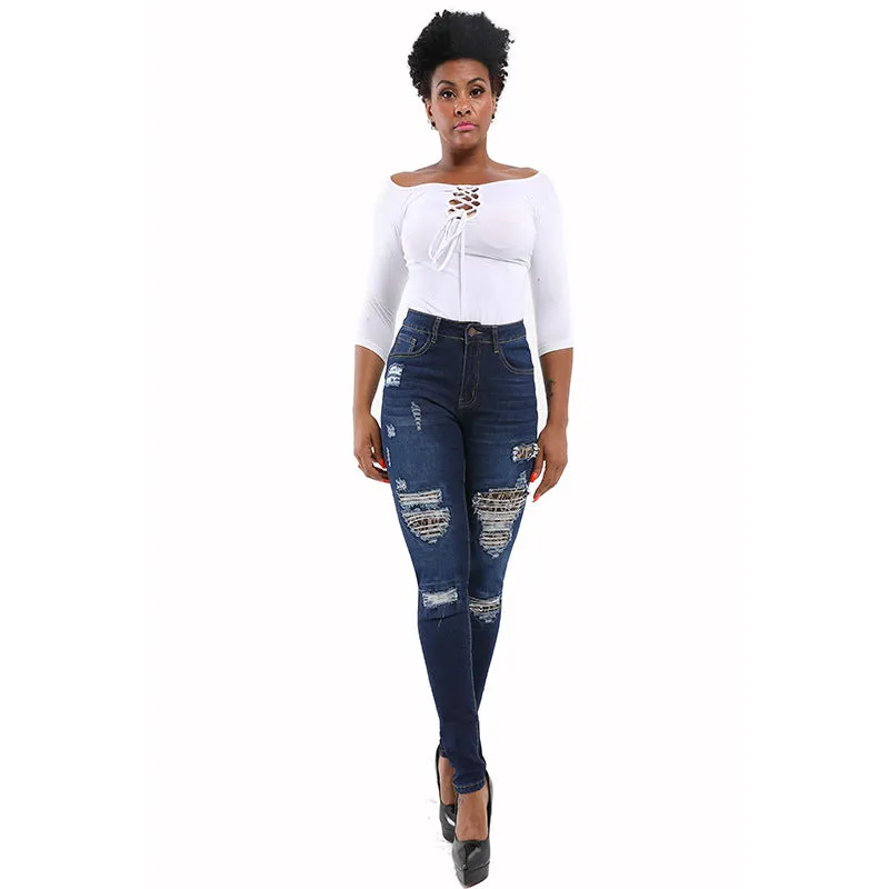 Leopard Print Destroyed Jeans Skinny Pencil Pants Elasticity Long Pant