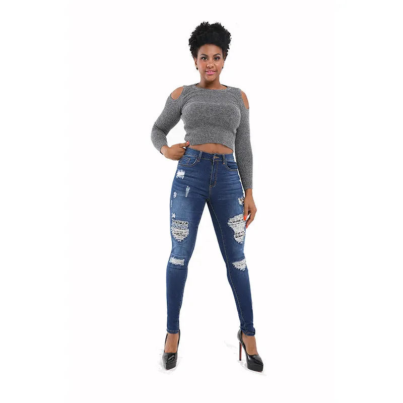 Leopard Print Destroyed Jeans Skinny Pencil Pants Elasticity Long Pant