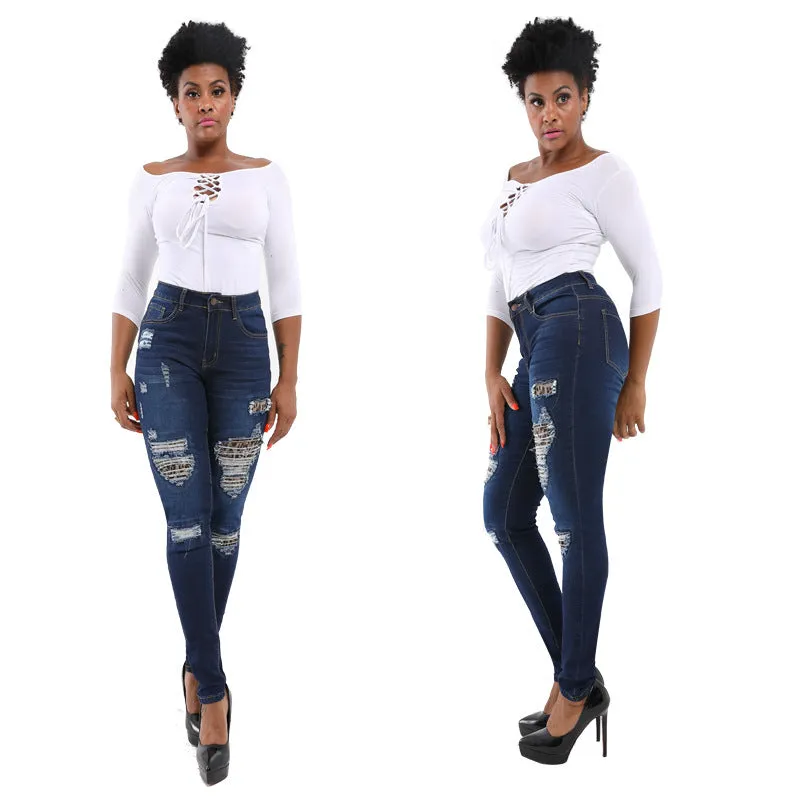 Leopard Print Destroyed Jeans Skinny Pencil Pants Elasticity Long Pant