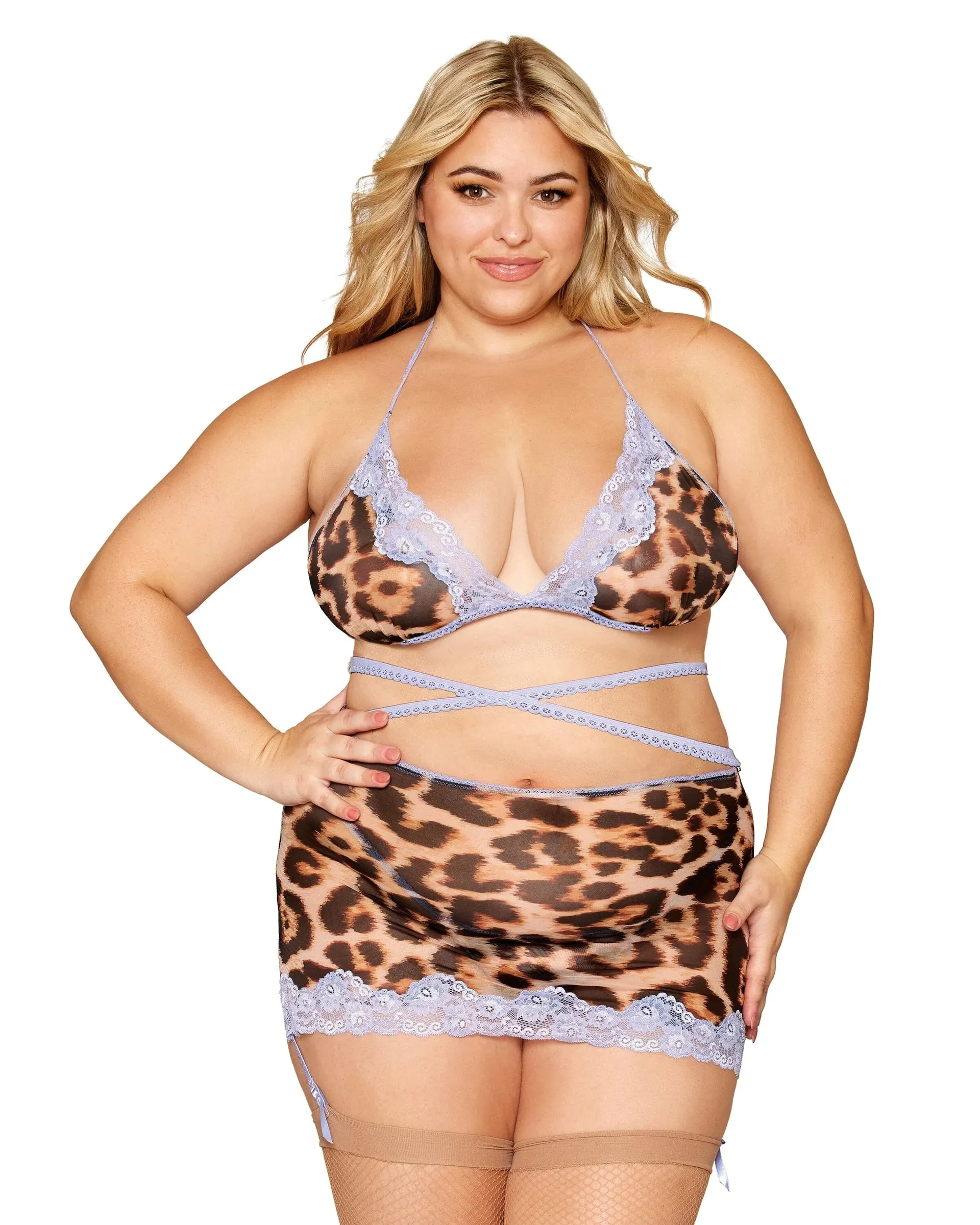 Leopard Printed Mesh with Contrast Scalloped Lace Bralette, Garter Skirt, & G-string Set