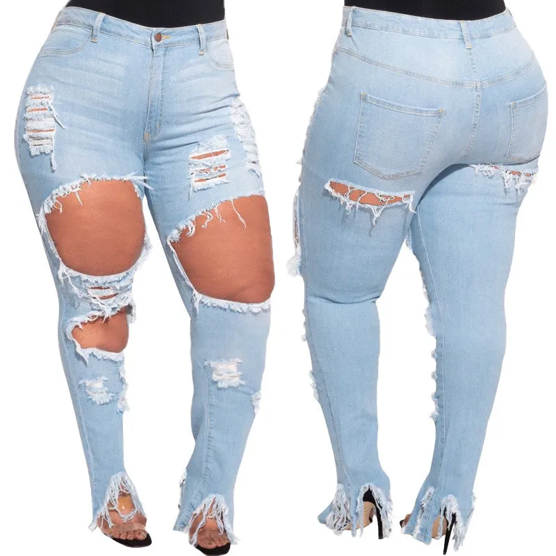 Light Blue Plus Size Pencil Jeans Women's Ripped Wash Jeans