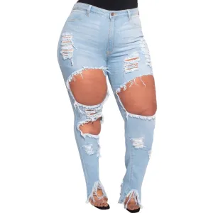 Light Blue Plus Size Pencil Jeans Women's Ripped Wash Jeans