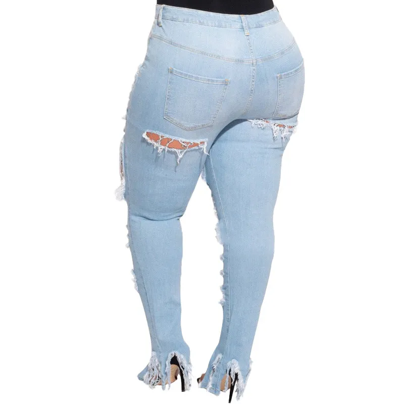 Light Blue Plus Size Pencil Jeans Women's Ripped Wash Jeans