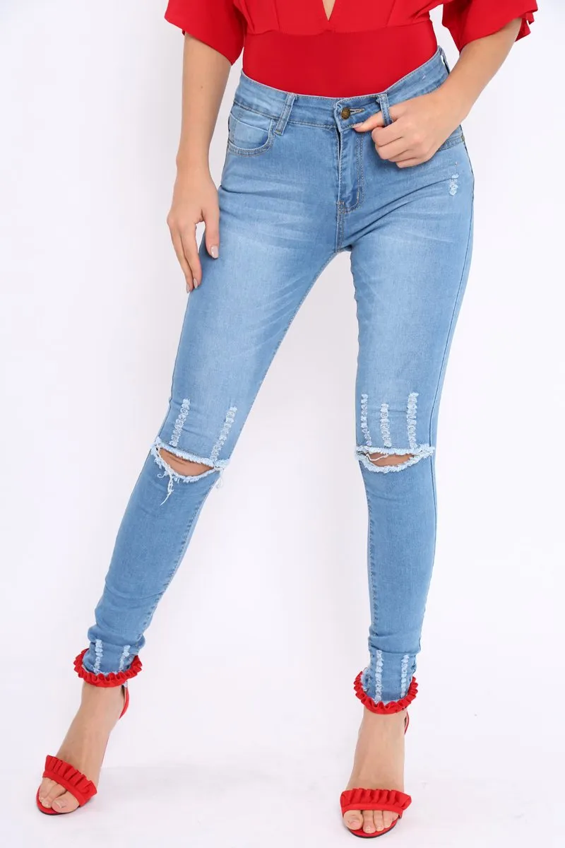 Light Blue Ripped Knees Distressed Skinny Jeans - Elora