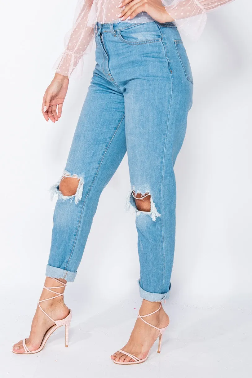 Light Wash Ripped High Waisted Boyfriend Jeans