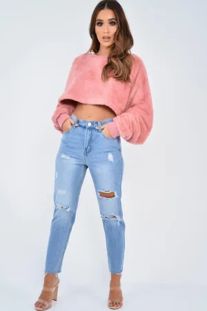 Light Wash Two Tone Ripped Hem Jeans - Lollie
