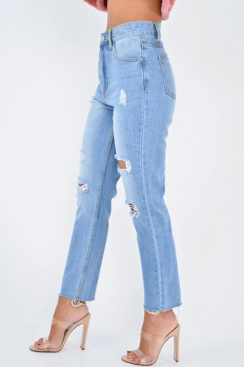 Light Wash Two Tone Ripped Hem Jeans - Lollie