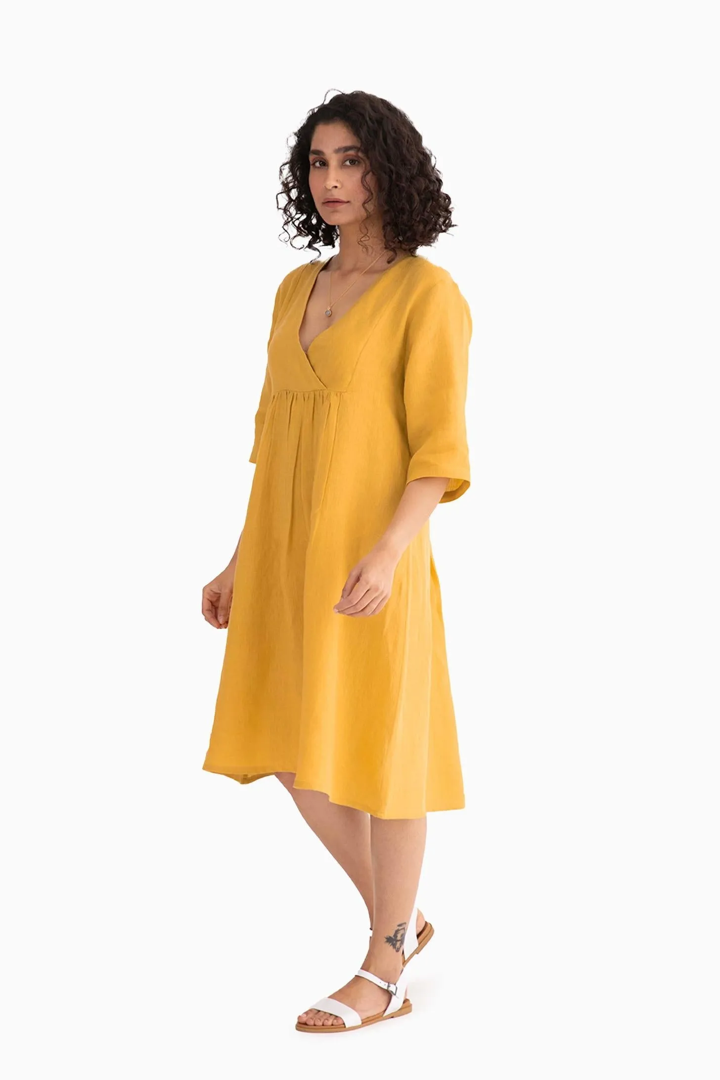 Linen Citrus Midi Dress-Sunburnt Yellow