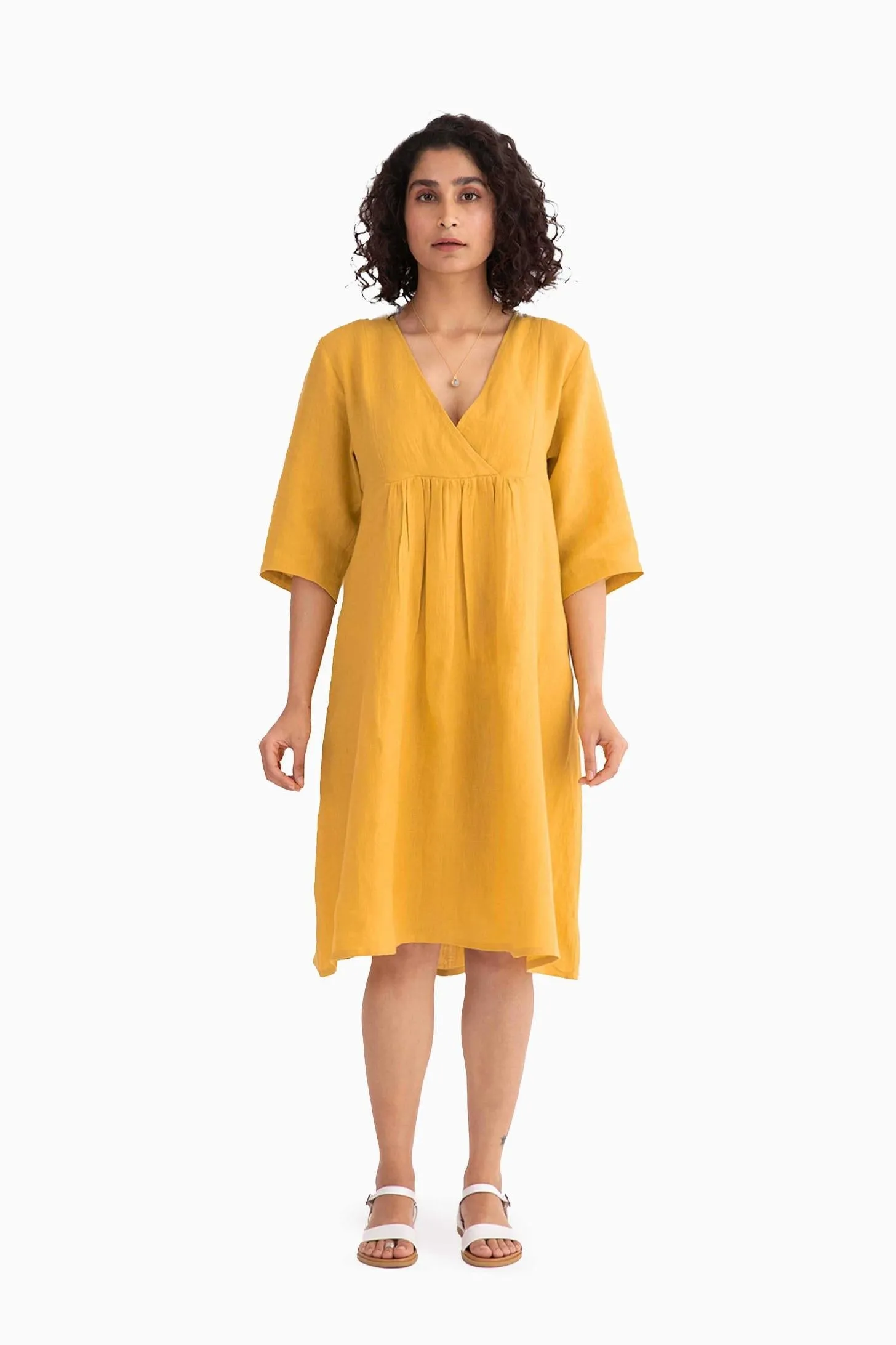 Linen Citrus Midi Dress-Sunburnt Yellow