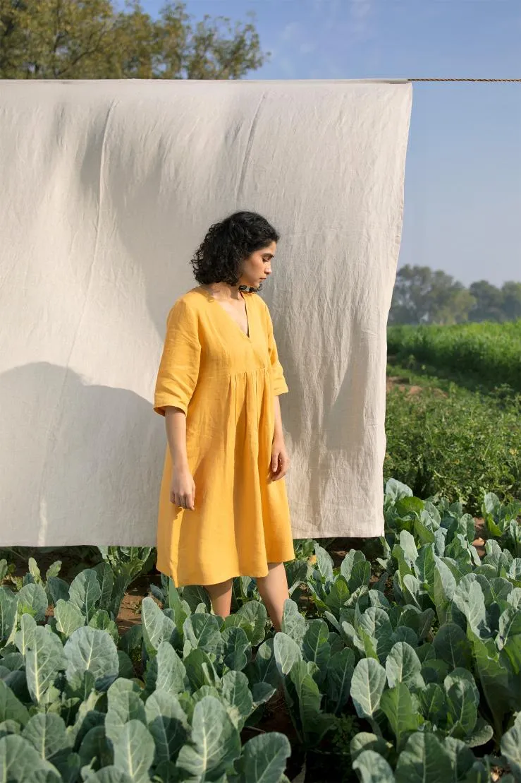 Linen Citrus Midi Dress-Sunburnt Yellow
