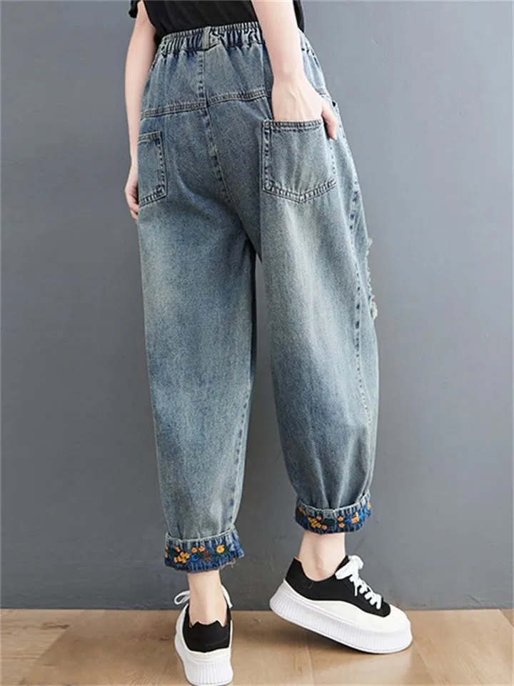 Literary Ripped Flowers Embroidered Denim Pants for Women