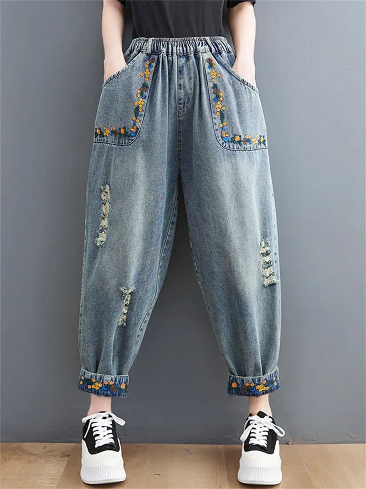 Literary Ripped Flowers Embroidered Denim Pants for Women