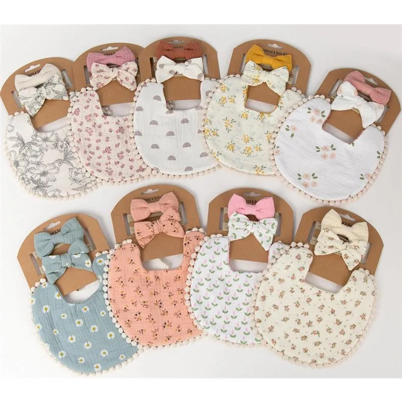 Little Trendy - Baby Floral Cotton Waterproofer Bib And Bows Headband Set, Color 6