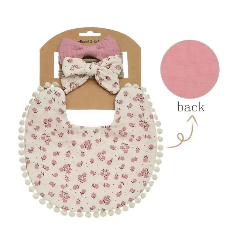 Little Trendy - Baby Floral Cotton Waterproofer Bib And Bows Headband Set, Color 6