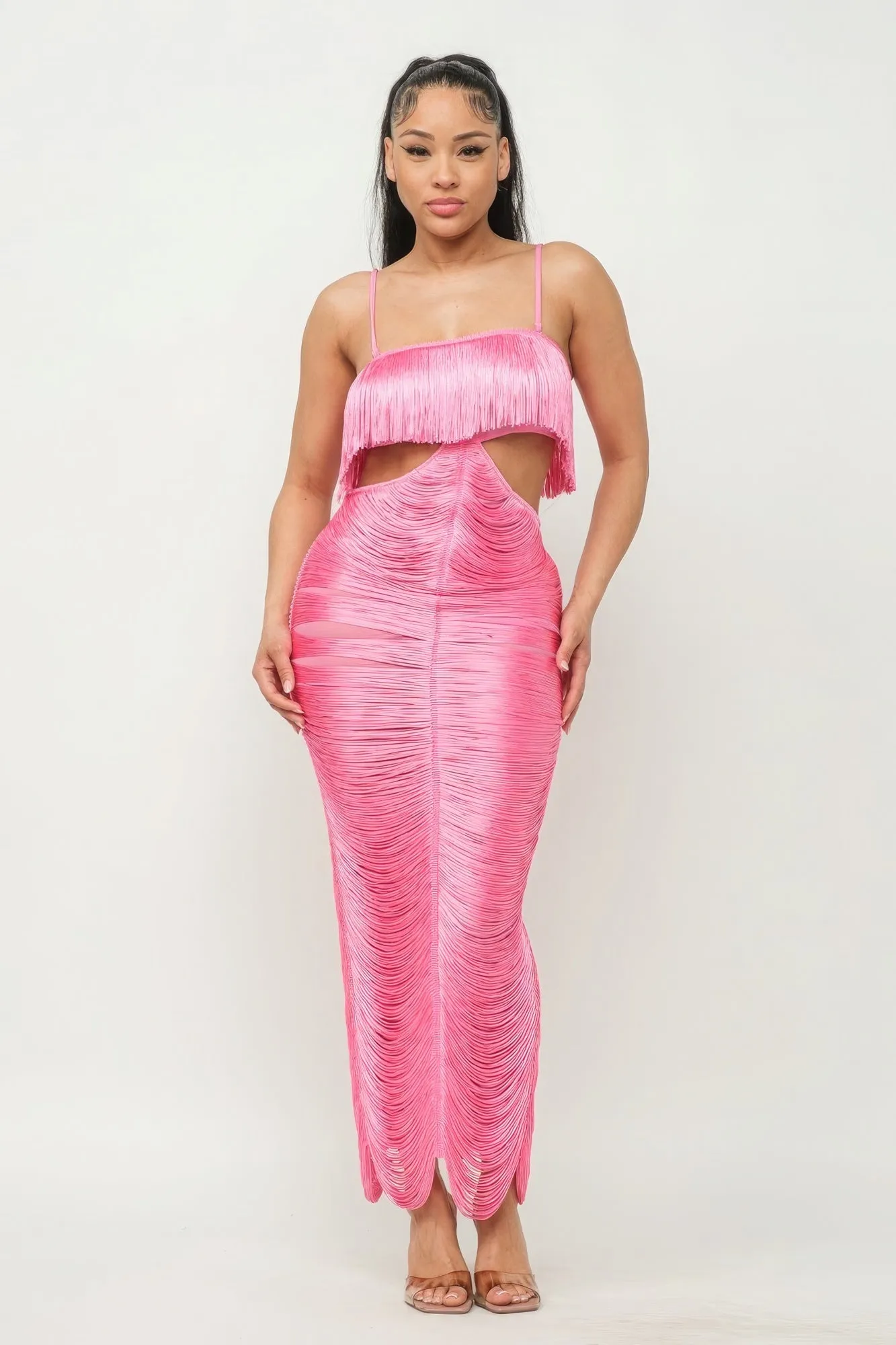 Long Open Back Fringe Maxi Dress