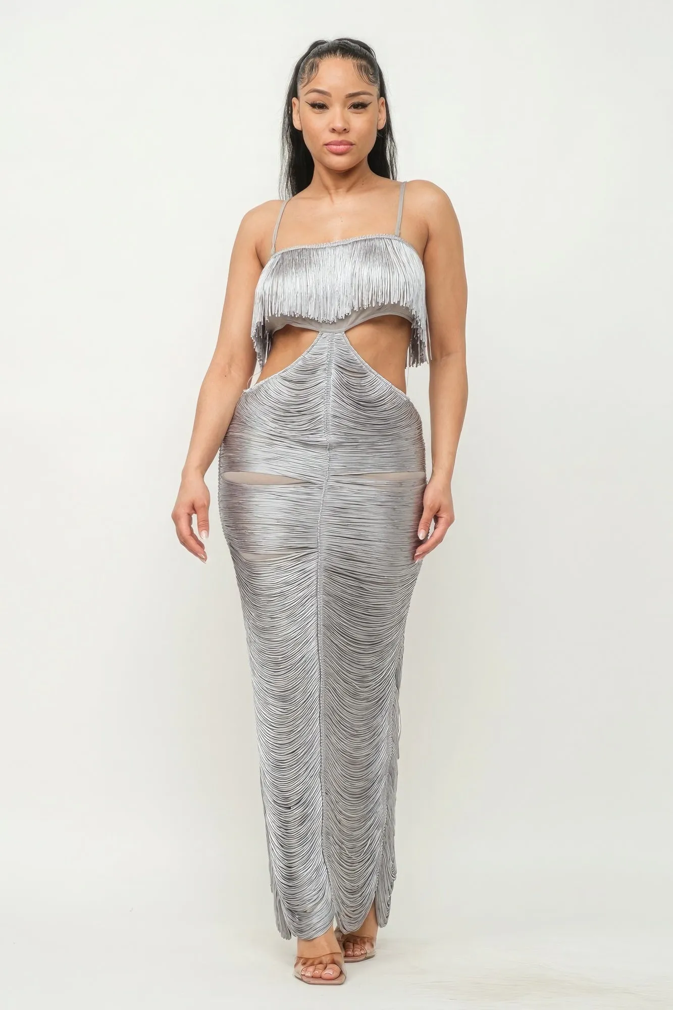 Long Open Back Fringe Maxi Dress