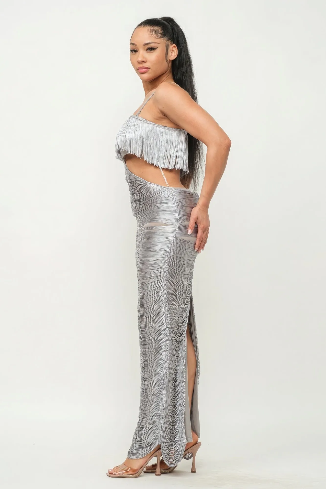 Long Open Back Fringe Maxi Dress