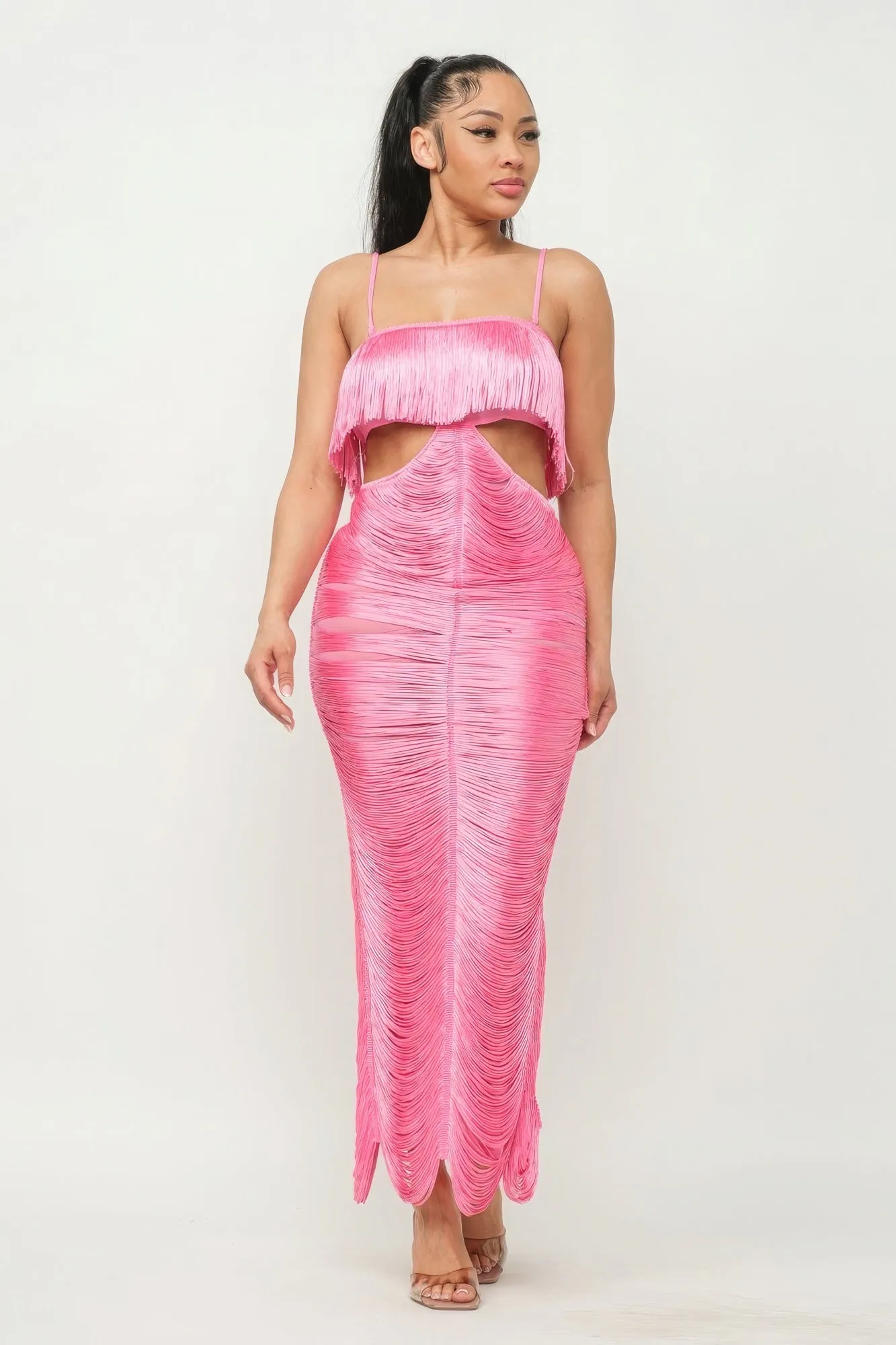 Long Open Back Fringe Maxi Dress