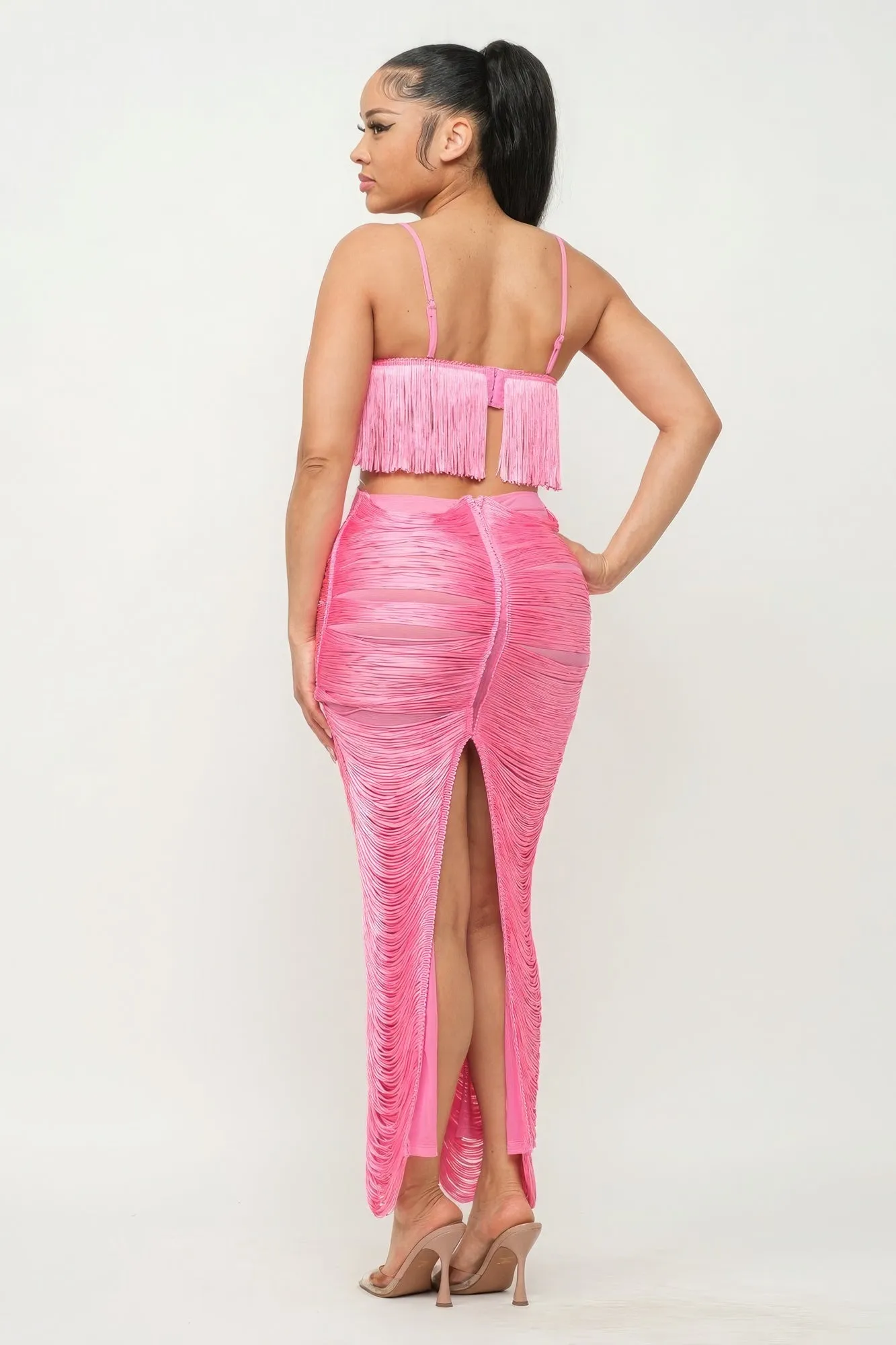 Long Open Back Fringe Maxi Dress