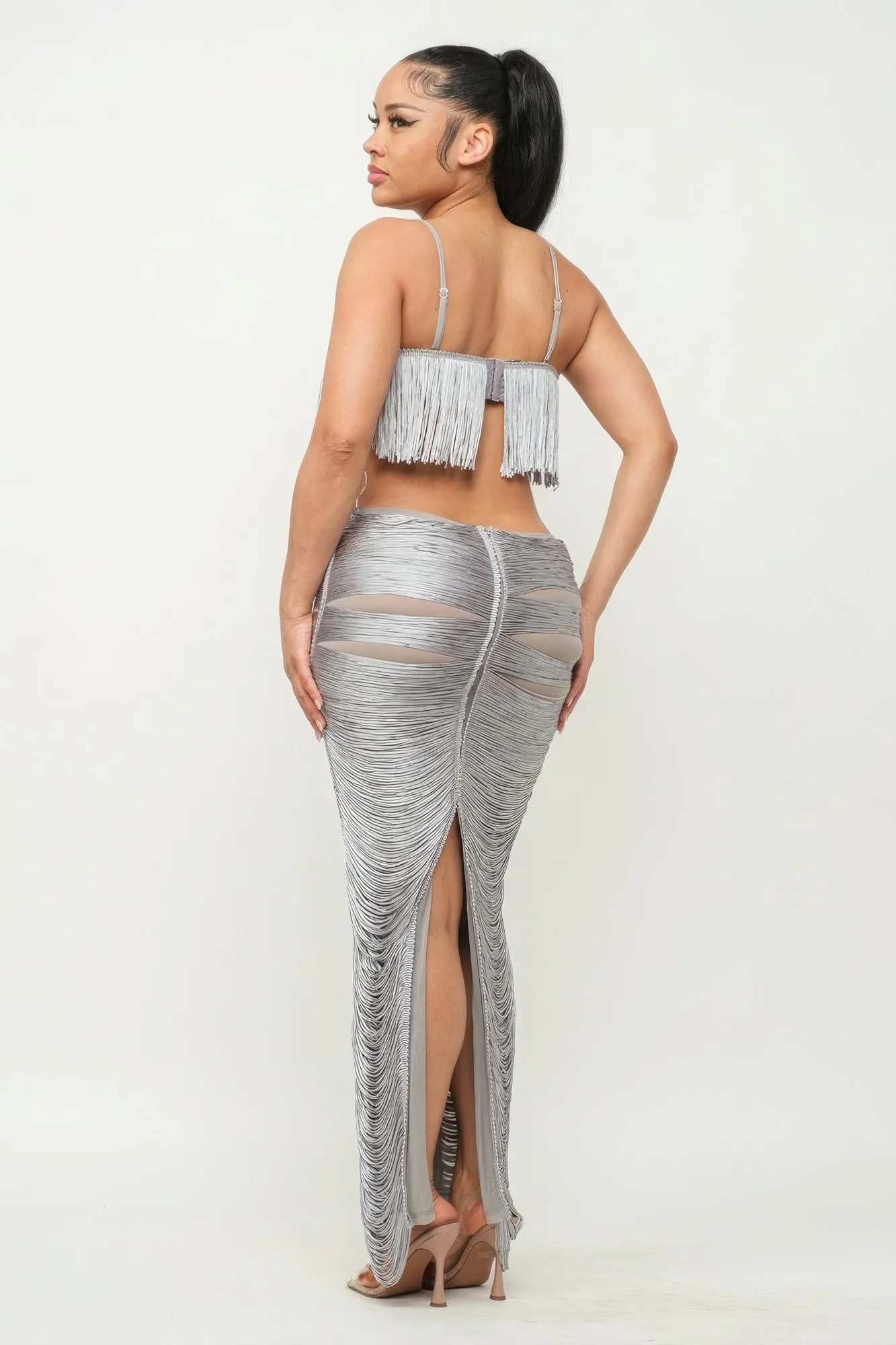 Long Open Back Fringe Maxi Dress