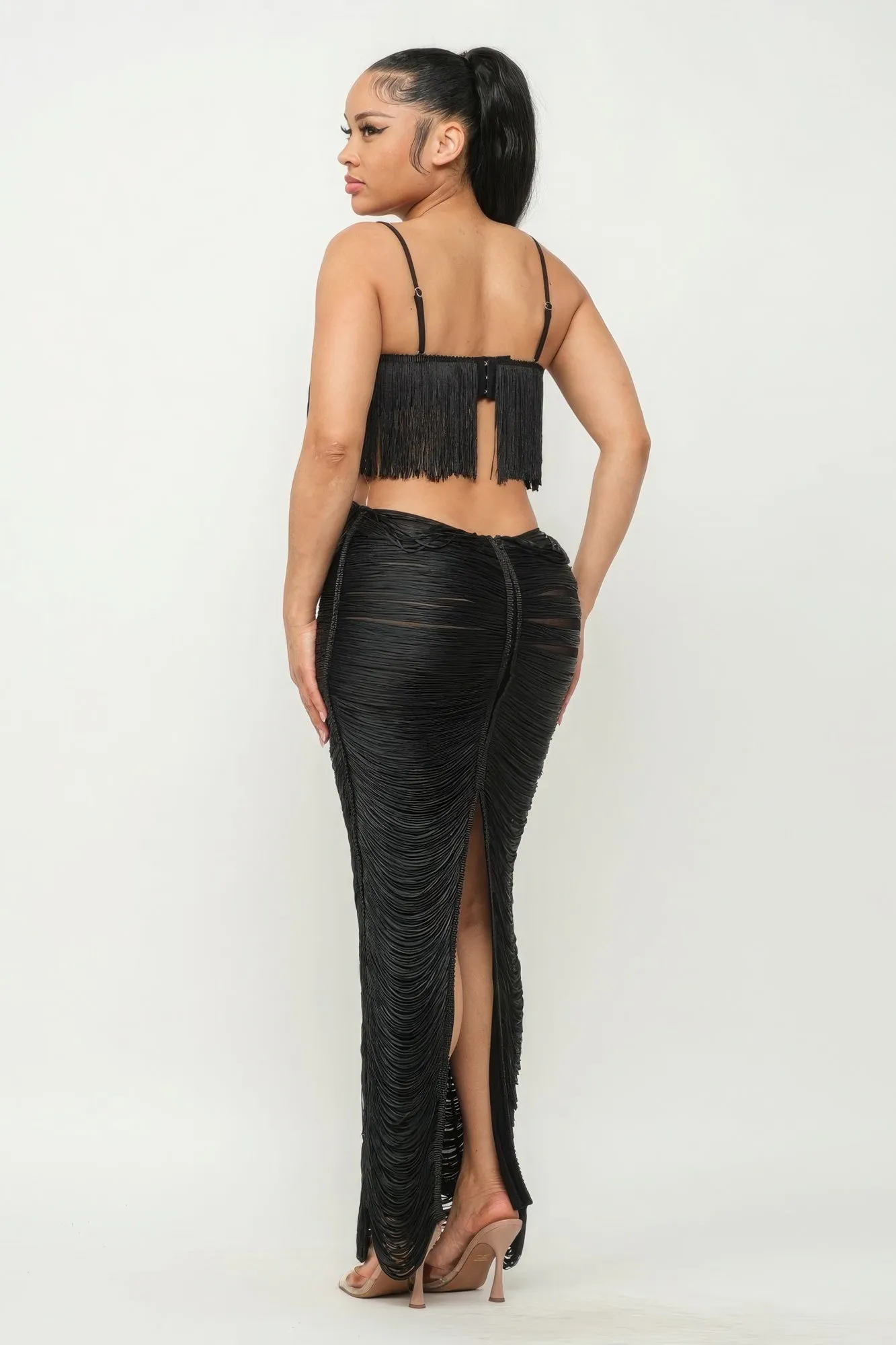 Long Open Back Fringe Maxi Dress