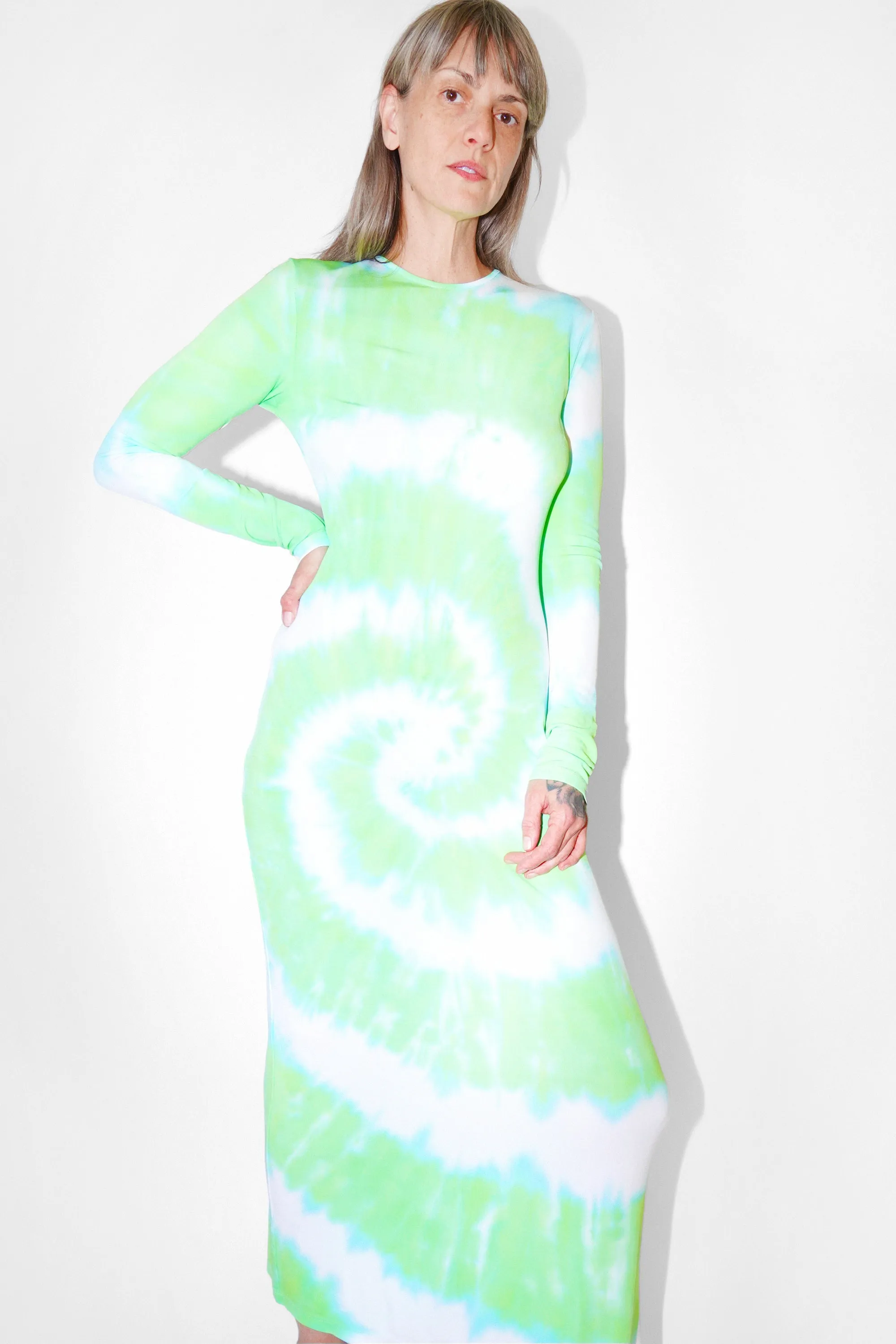 Long Sleeve Dress in Lime Tie-Dye