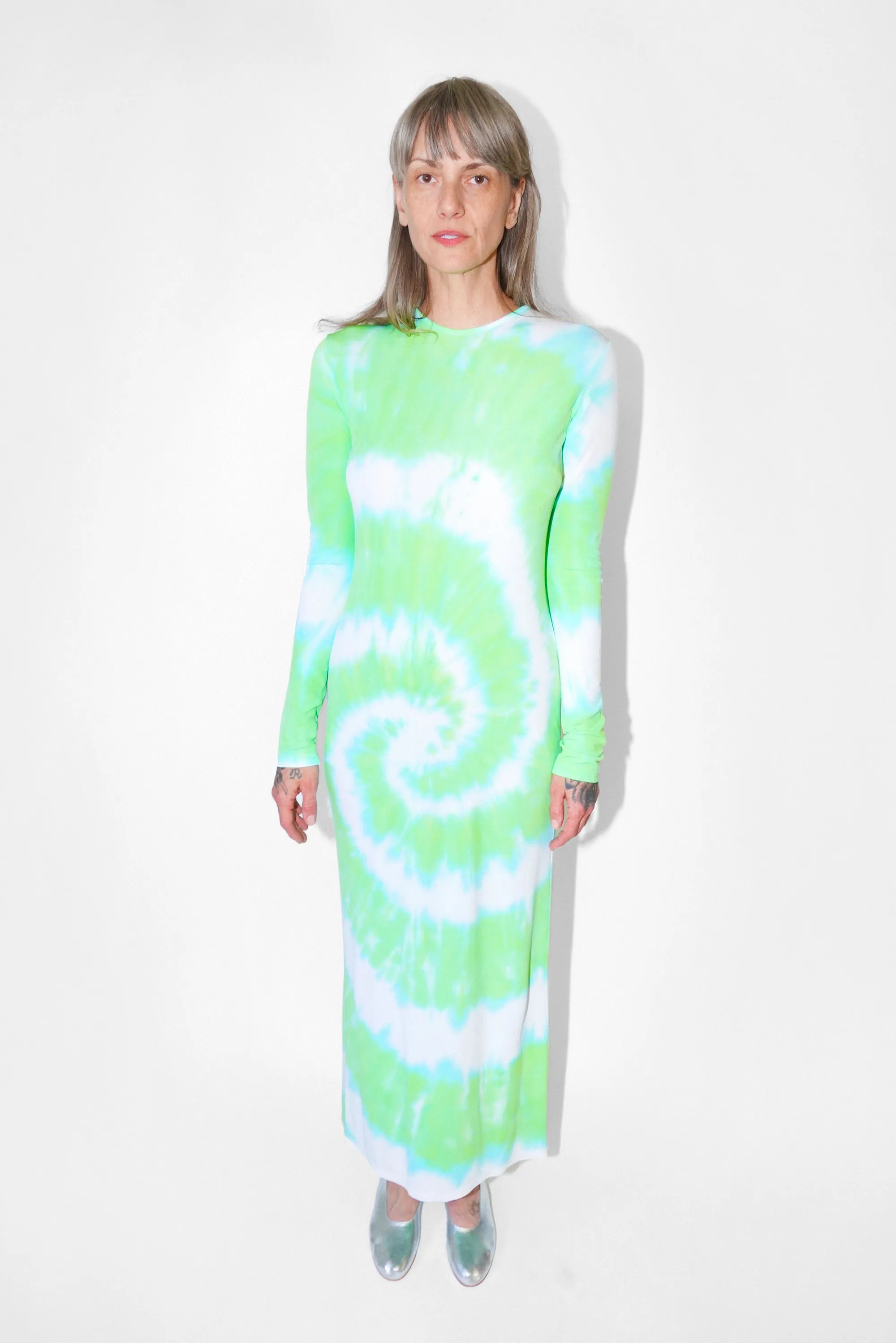 Long Sleeve Dress in Lime Tie-Dye