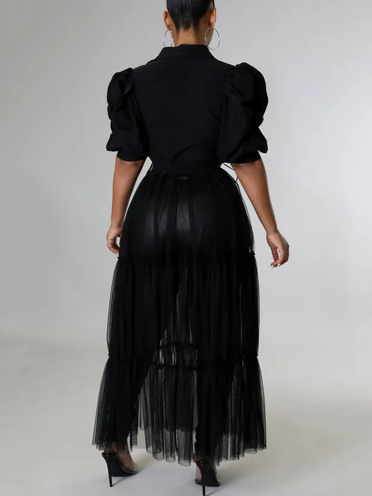 Long Sleeve Mesh Shirt Dress with Belt
