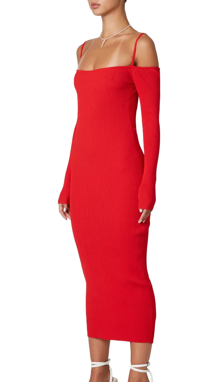Long Sleeve Off Shoulder Knit Midi Dress