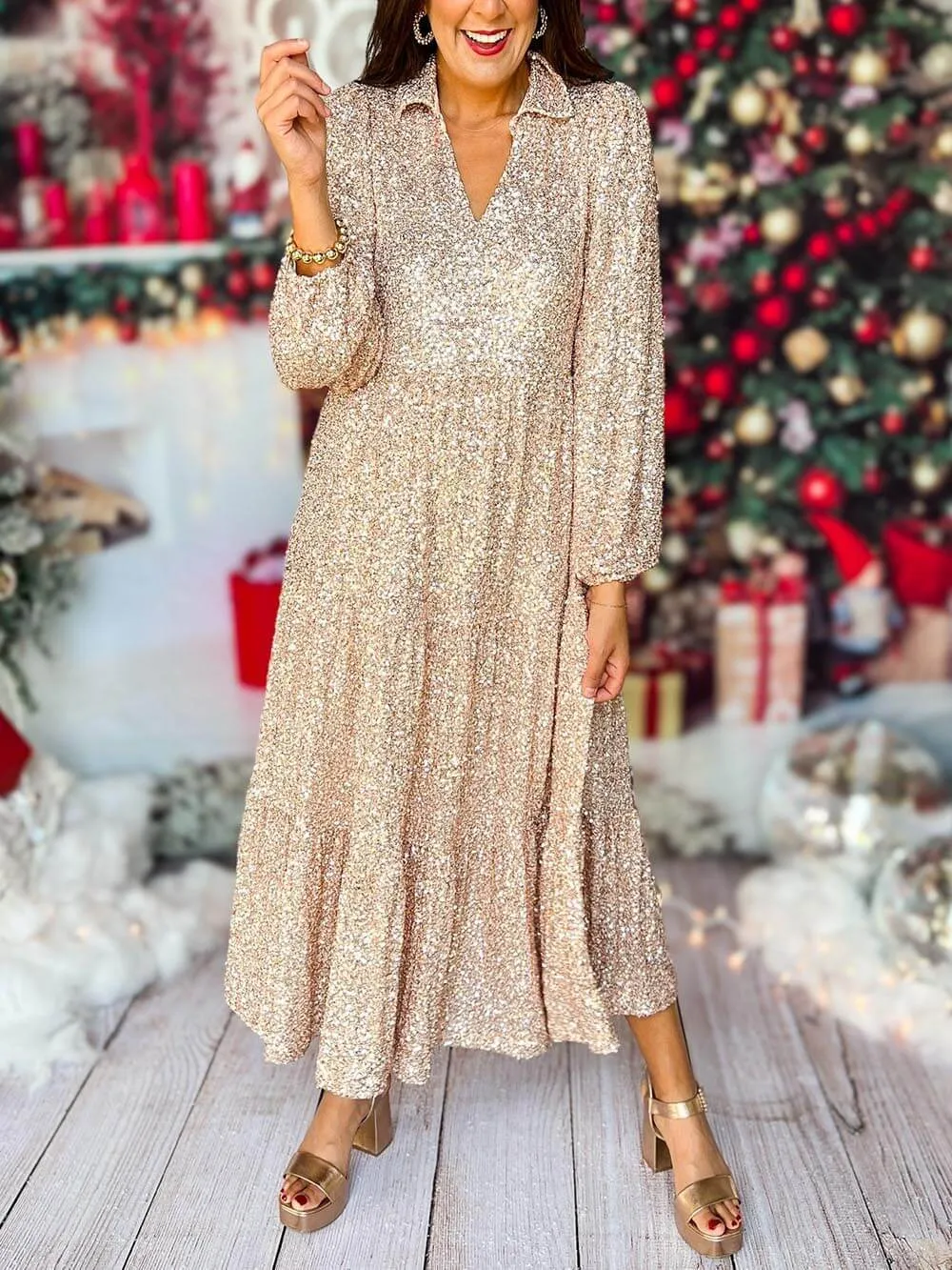 Long Sleeve V Neck Sequin