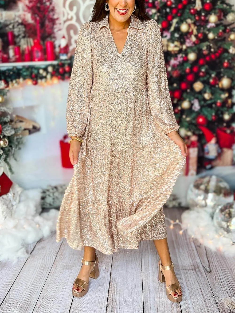 Long Sleeve V Neck Sequin