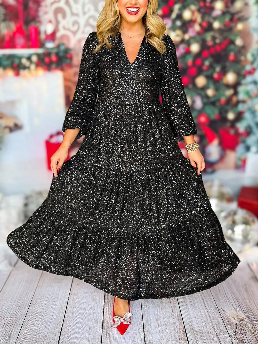Long Sleeve V Neck Sequin