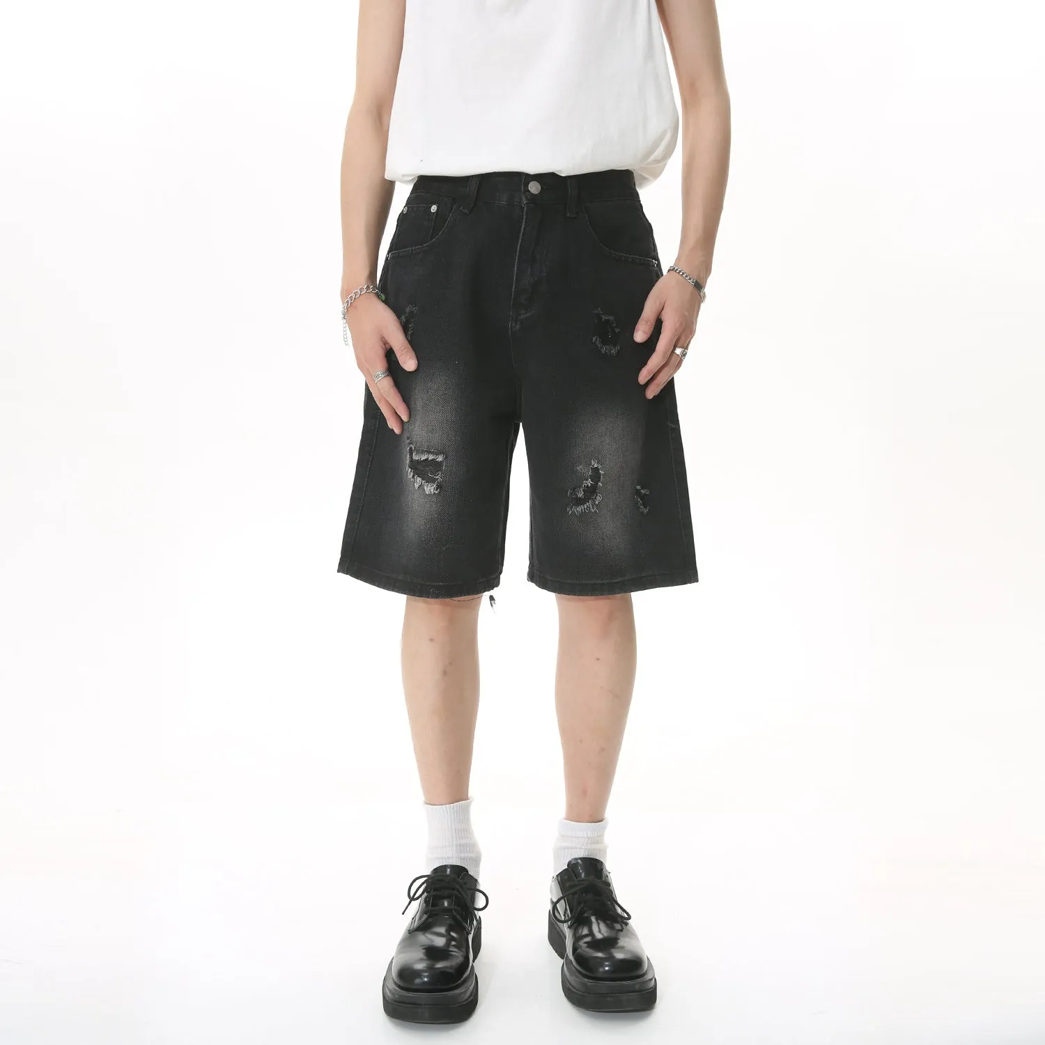 Loose hip hop ripped cropped denim shorts