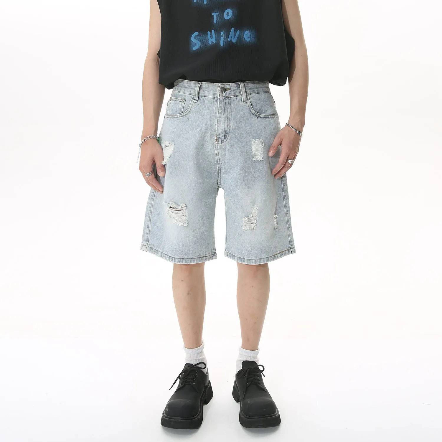Loose hip hop ripped cropped denim shorts