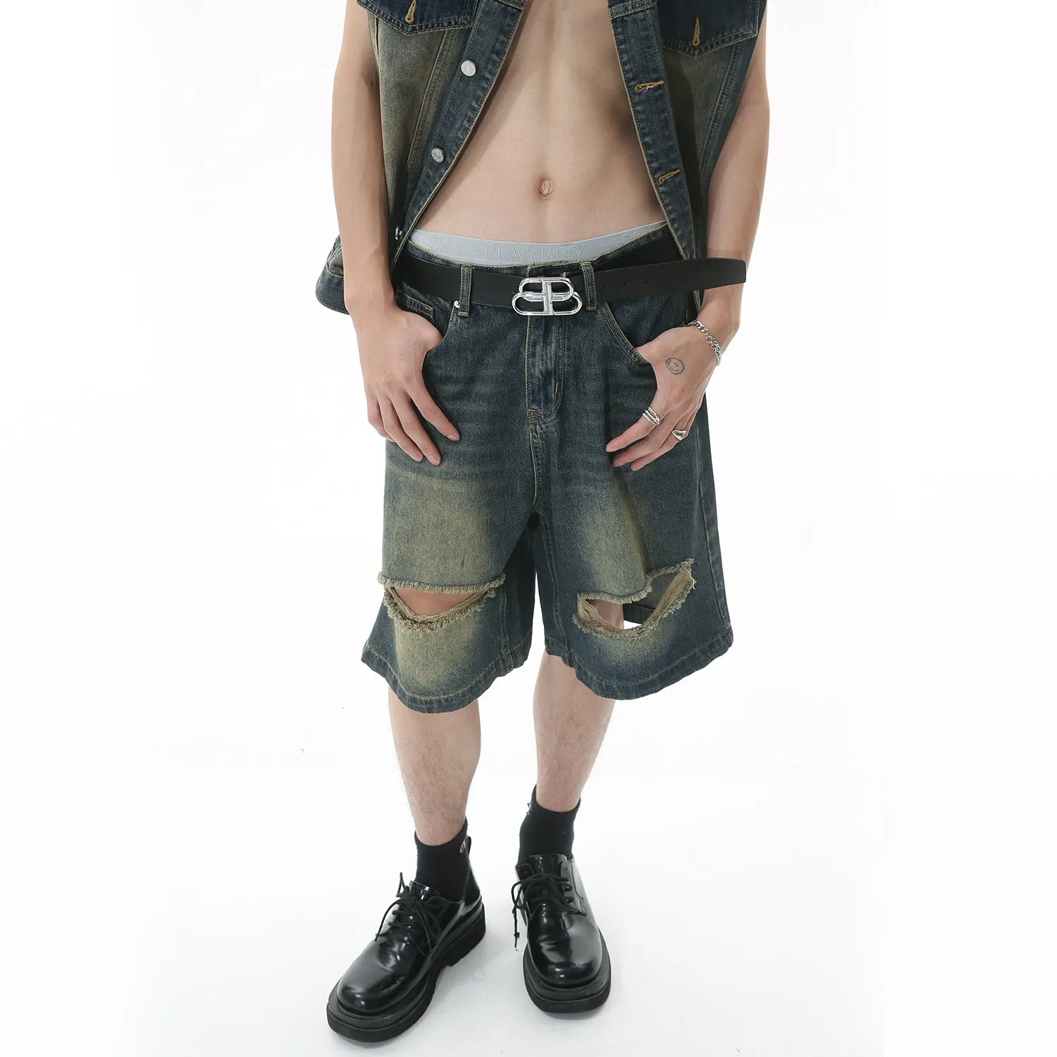 Loose wide-leg retro ripped cropped shorts