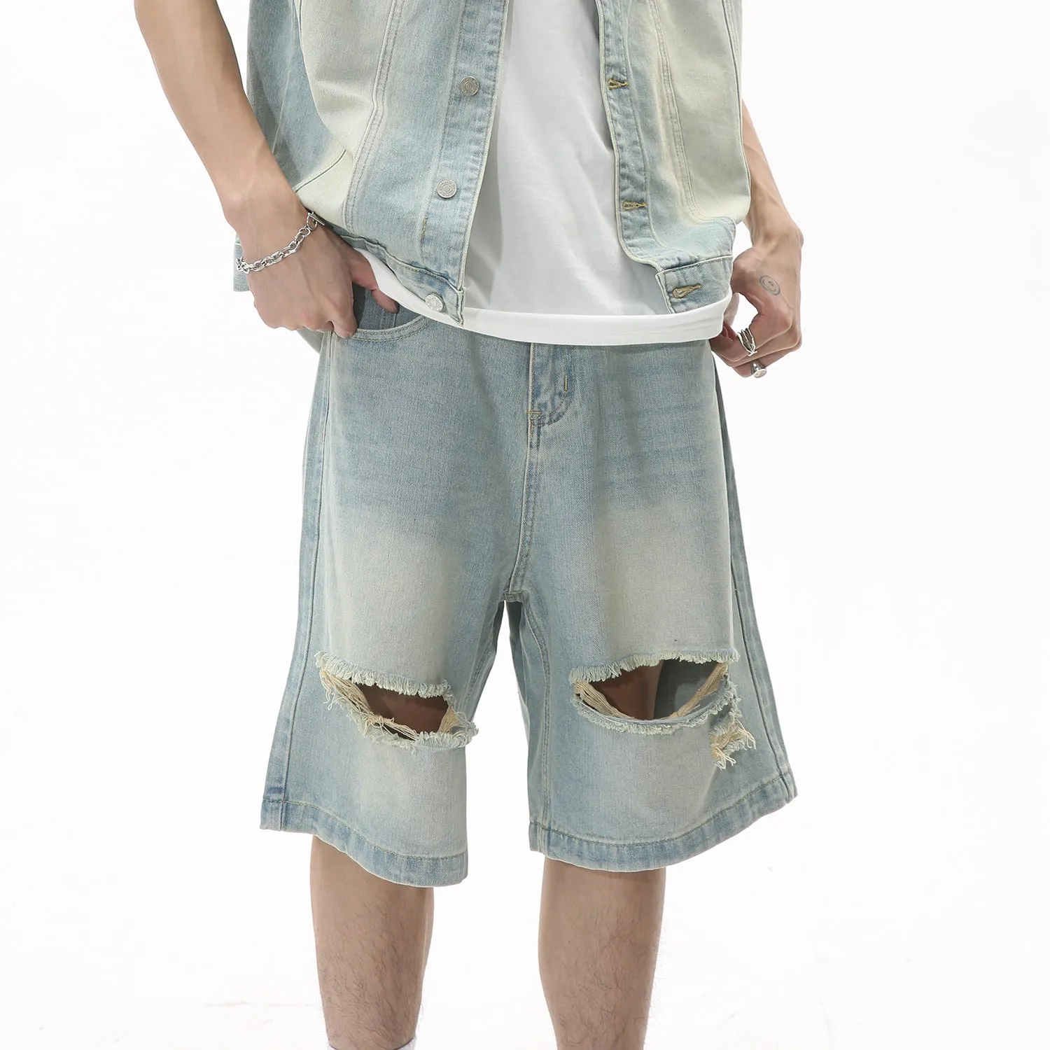 Loose wide-leg retro ripped cropped shorts