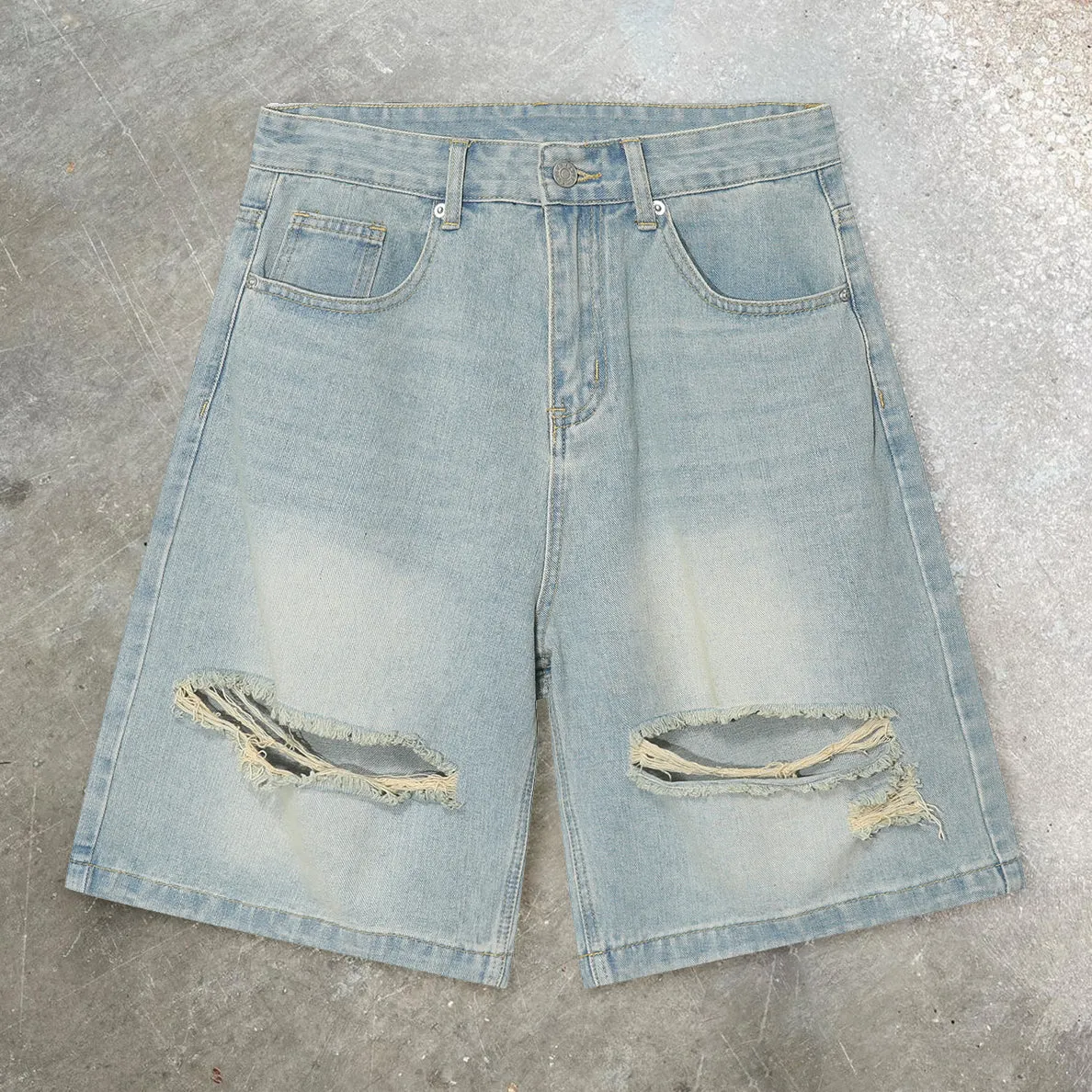Loose wide-leg retro ripped cropped shorts