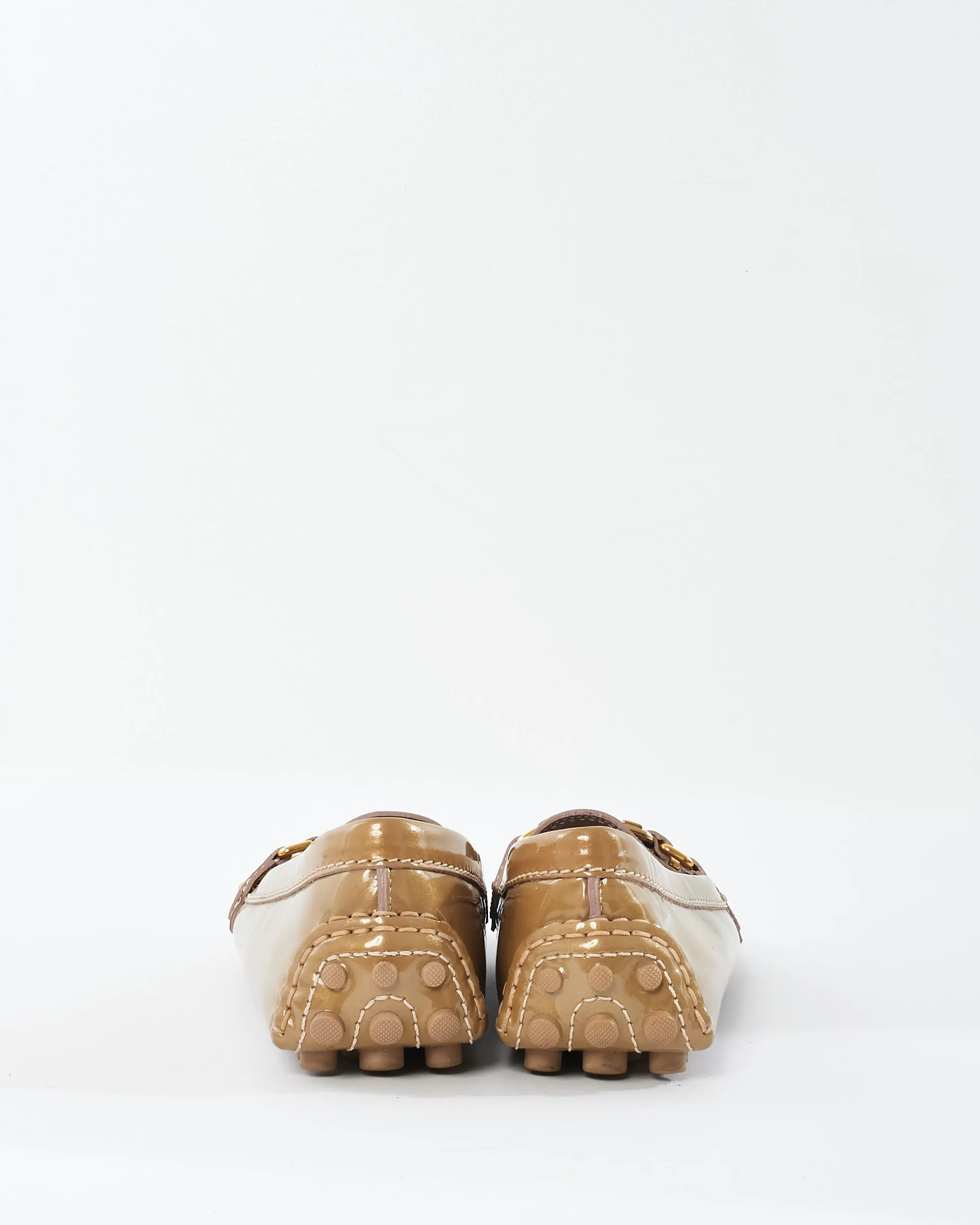 Louis Vuitton Beige Patent Leather Logo Loafers - 35