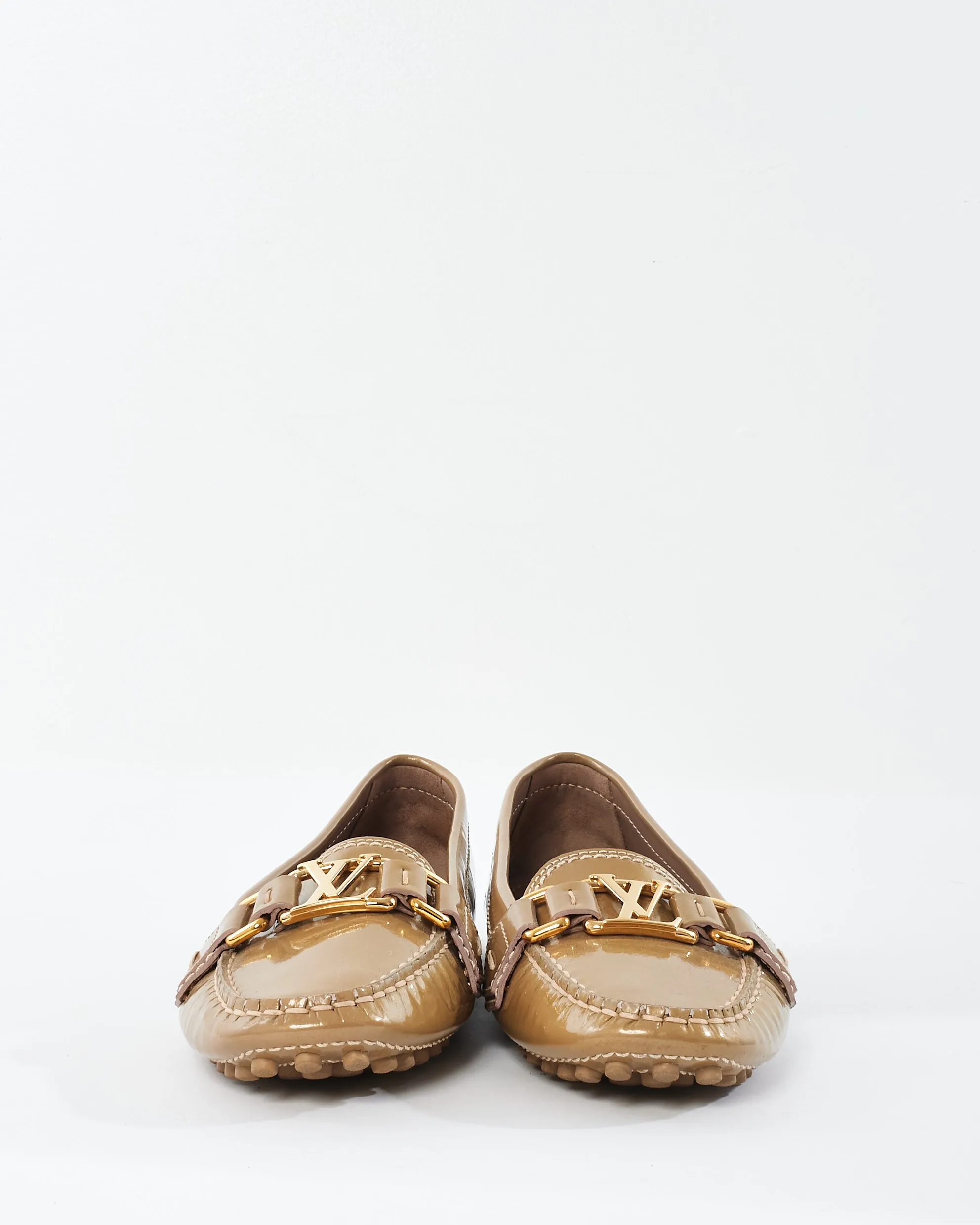Louis Vuitton Beige Patent Leather Logo Loafers - 35